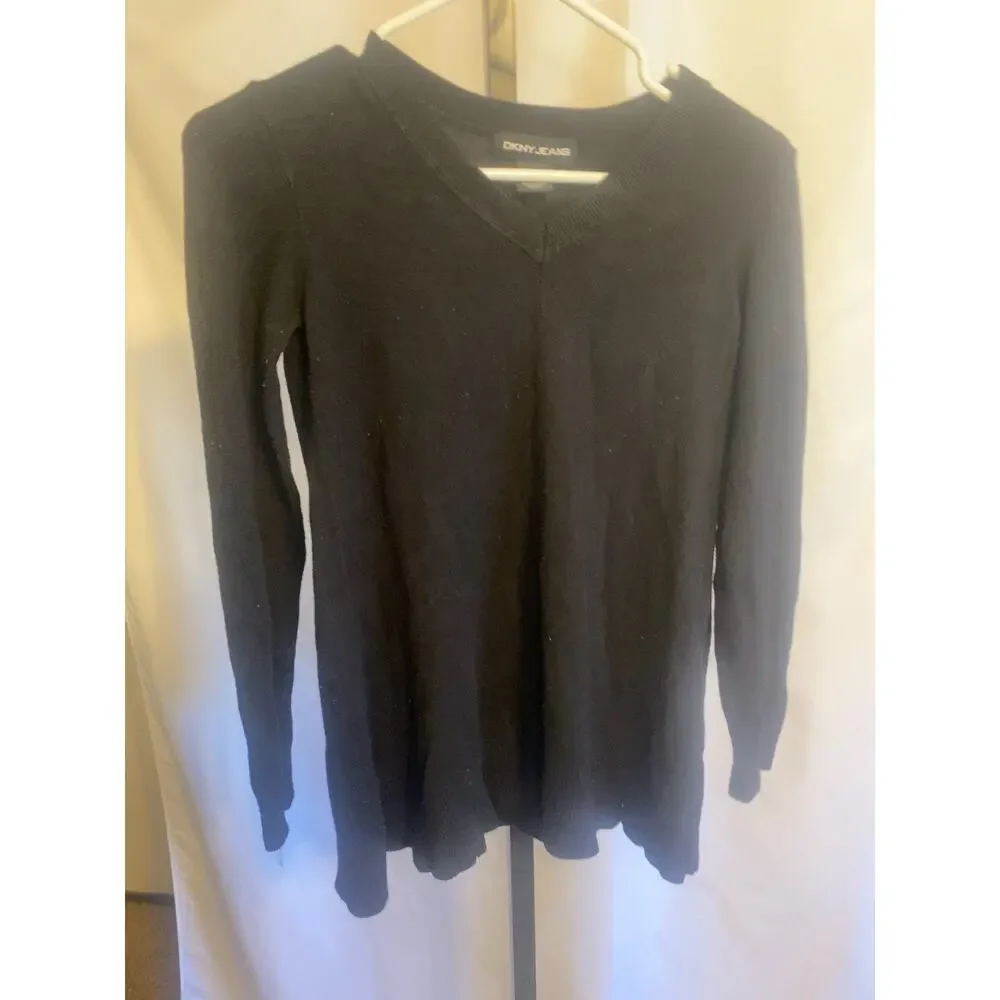 DKNY Jeans Women's Black V Neck Knit Sweater Long Sleeve XS